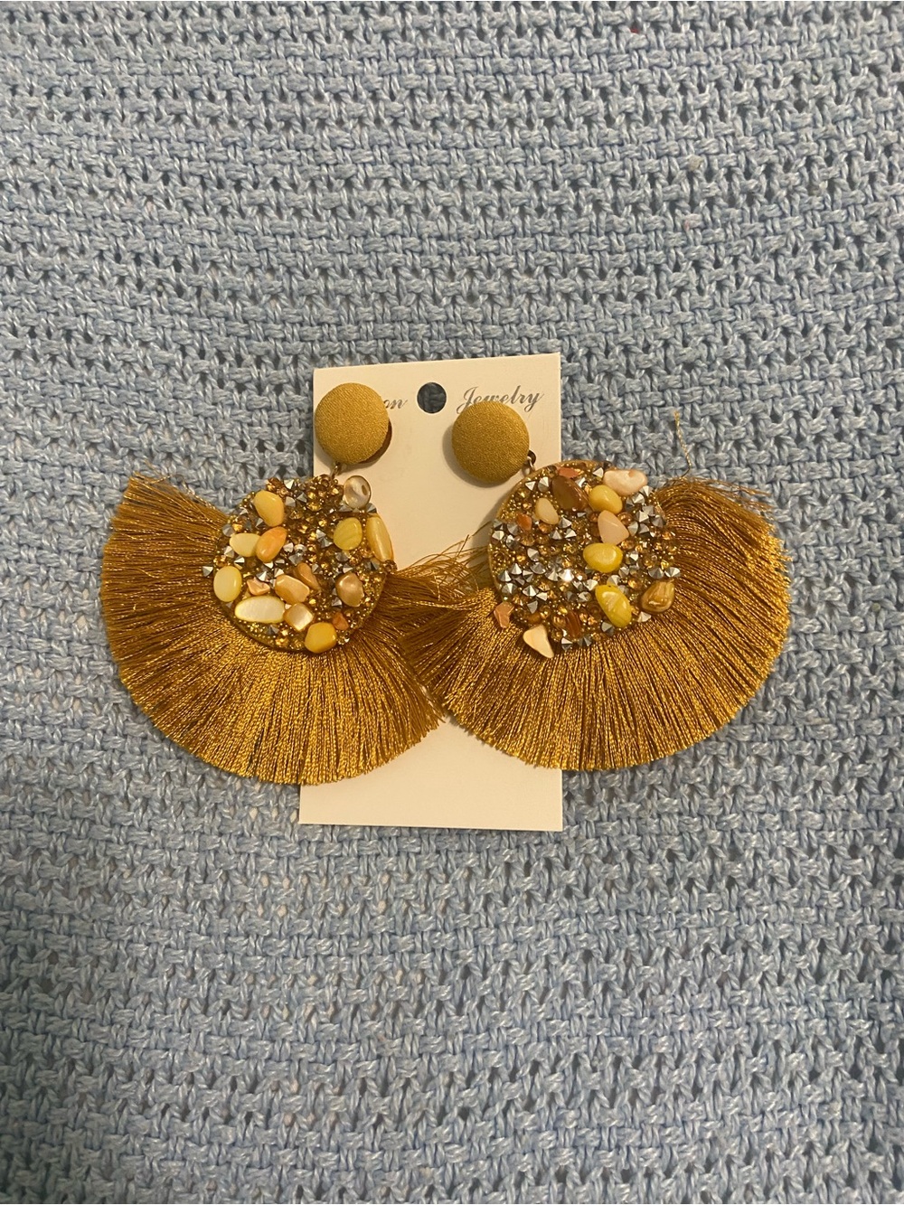 Mustard Gold Tassel Fan Earrings with Beaded Accent - Unbranded